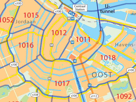Kaart postcodes centrum Amsterdam