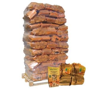 Pallet 96 netzakken ovengedroogd berkenhout à 20 liter 2 aanmaakhout en 1 zakje houtwolkrullen