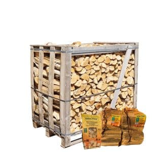 Halve pallet ovengedroogd berkenhout actie 2 aanmaakhout en 1 zakje houtwolkrullen