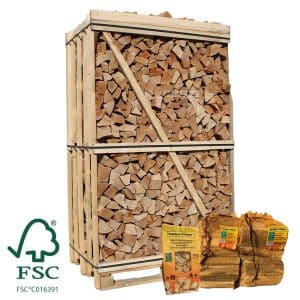 Hele pallet ovengedroogd beuken zonder schors FSC Actie 2 aanmaakhout en 1 zakje houtwolkrullen